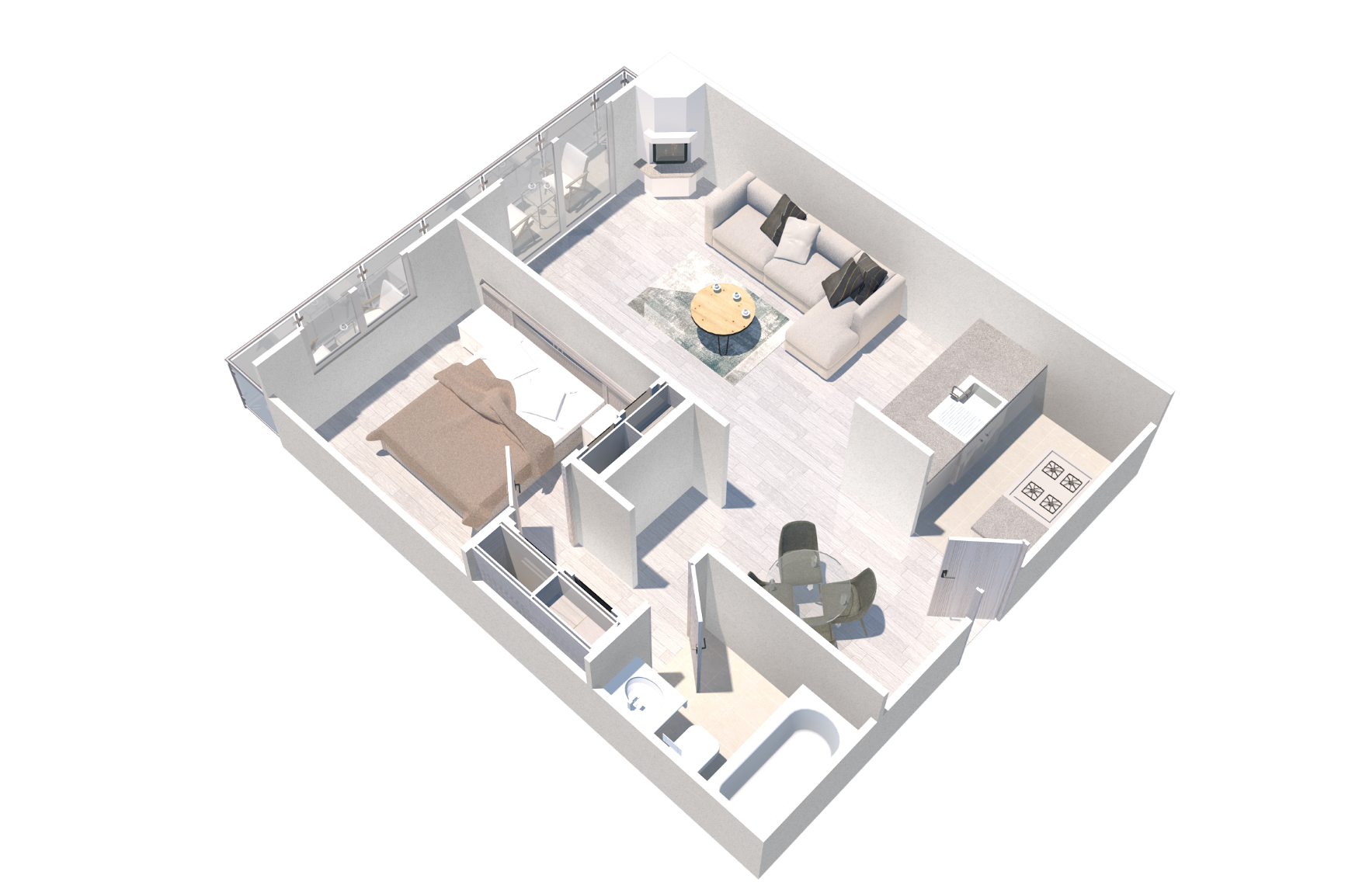 Floor plan for 1 bed, 1 bath, 665 sqft